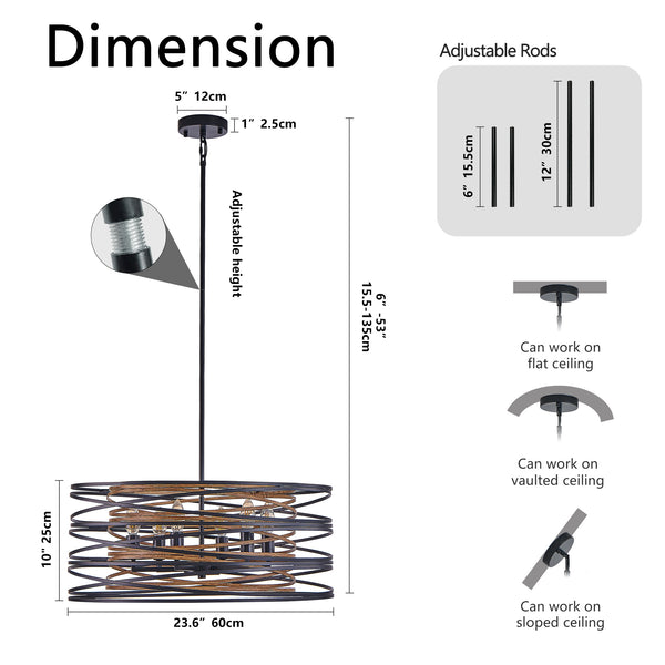 English Elm 24" Rustic Industrial Pendant Light, 6-Light Black & Walnut Metal Cage Chandelier with Wood Accents for Kitchen Island Dining Room W2312P368685