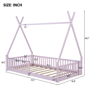 English Elm Twin House Bed with Roof and Fence for Kids – Sturdy Pine Frame, Vintage Wash Design, Safe Sleep Space Pink N709P183348H