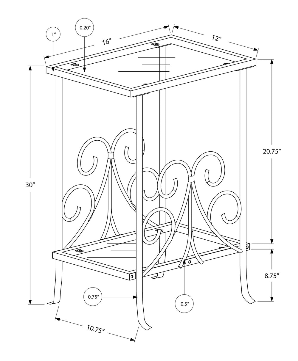 English Elm Accent Two-Tier Tempered Glass End Table with Silver Grey Metal Frame and Elegant Scroll Accents, 30" B2710P219207
