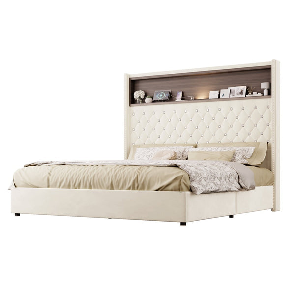 English Elm Queen Velvet Tufted Wingback Platform Bed Tall Headboard with Usb Charging Shelf Beige N733P367135A