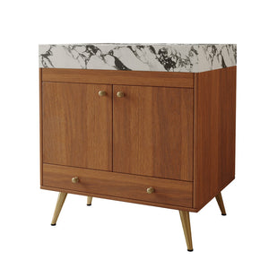 English Elm Mid-century Freestanding Bathroom Vanity Faux Marble Ceramic Sink Gold Legs Storage W3136S00067