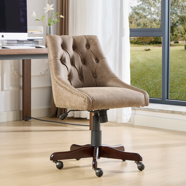 English Elm A&A Handcrafted Button-Loop Accent Chair with High-Rebound Foam, Solid Wood & Steel Legs, Retro Elegance Brown W1143P202750