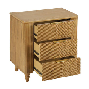 English Elm Mid-century Fluted 3 Drawer Nightstand with Gourd Legs and Gold Tone Handles for Bedroom Natural N761P285712N