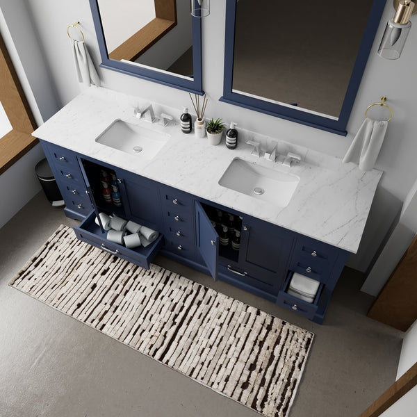 English Elm Navy Double Bath Vanity 84"W x22"D with Carrara Marble Top, 14 Drawers, Soft-Close, Chrome Faucet Set B2731P258432