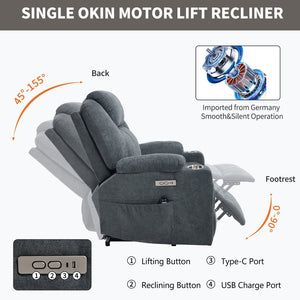 English Elm Up to 350 Lbs Chenille Power Lift Recliner with Massage Heating and Usb Charging Ports Grey W3224S00025