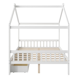 English Elm Full House Platform Bed with Roof Design and Two Drawers, Pine/MDF Durable Frame, Kid-Friendly Cozy Finish White WF292923AAK
