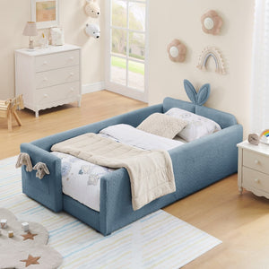 English Elm Twin Boucle Upholstered Kids Bed Whimsical Rabbit Ear Headboard with Safety Rail Sky Blue W1413P407487