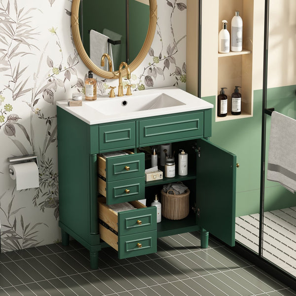 English Elm 30" Bathroom Vanity with Sink — Freestanding Modern Cabinet with Soft-Close Door, 2 Deep Drawers, Durable Basin Green N710P288938F