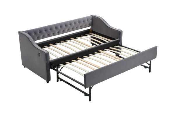 English Elm Twin Velvet Daybed with Pull Out Trundle Tufted Back Usb Port and Side Pockets Grey W1361S00036