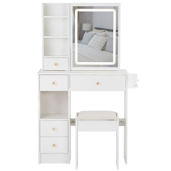 English Elm 29.2" Compact Left Drawer Vanity Table With Cushioned Stool, Led Mirror, Usb Ports & Hair Dryer Holder W3258P299616