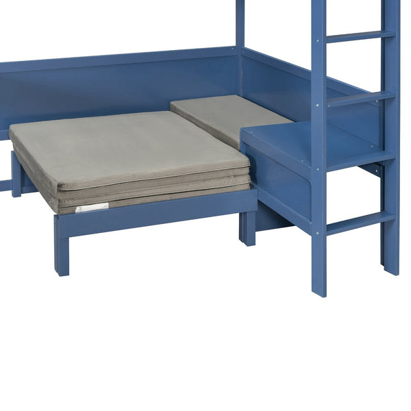 English Elm Full Size Loft Bed with Rotating Desk Led Lighting Sofa and Bookshelf Storage Navy Blue LT000200AAC