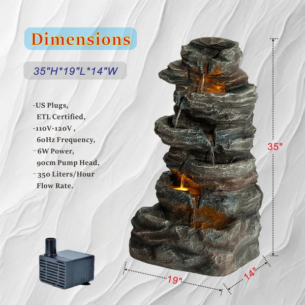 English Elm 6-tier Cascading Resin Stone Fountain with Warm Led Lights for Patio and Garden W853P412664