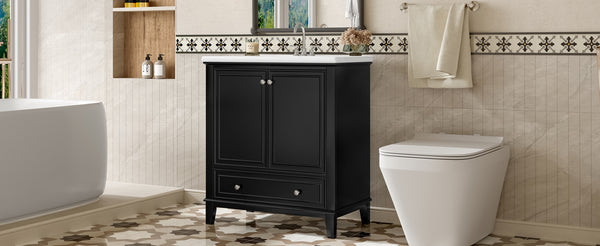 English Elm 30" Bathroom Vanity with Sink — Modern Freestanding 30" Cabinet with Ceramic Top, Drawer, Doors, Shelf Black N725P221263B