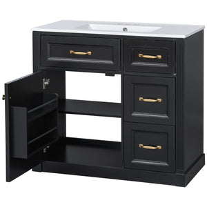 English Elm 36 Inch Bathroom Vanity With Sink & Soft-Close Drawers - Modern Black Cabinet For Smart Storage N725P336549B
