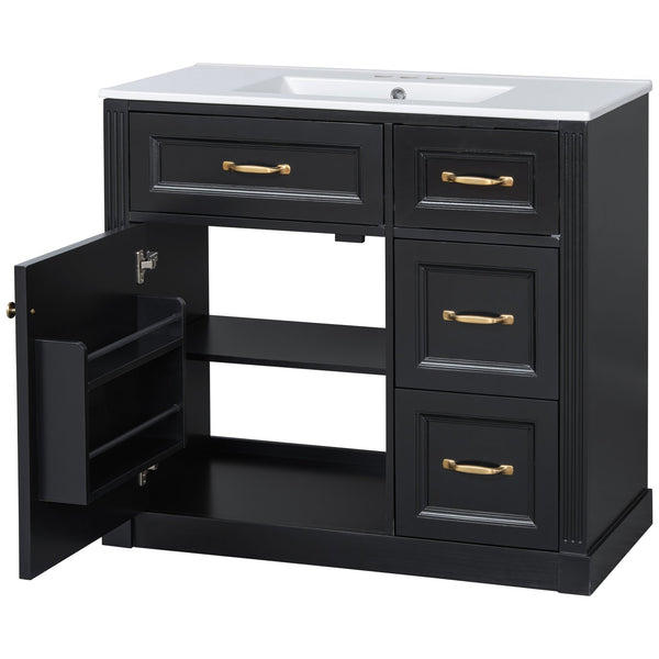 English Elm 36 Inch Bathroom Vanity With Sink & Soft-Close Drawers - Modern Black Cabinet For Smart Storage N725P336549B