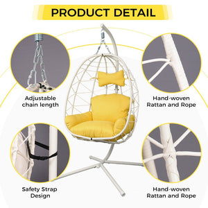 English Elm Hanging Egg Chair with Stand Pe Wicker Ergonomic Swing Seat for Patio or Bedroom T5880P497558