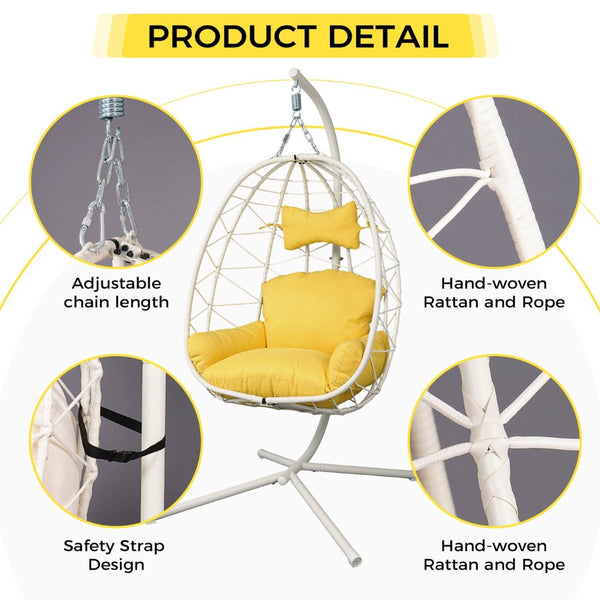English Elm Hanging Egg Chair with Stand Pe Wicker Ergonomic Swing Seat for Patio or Bedroom T5880P497558