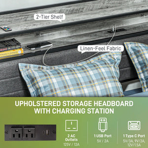 English Elm HOMCOM Full Size Bed Frame with LED RGB Headboard, Built-In Charging Station and 3-Tier Shelf Gray W2225P249915