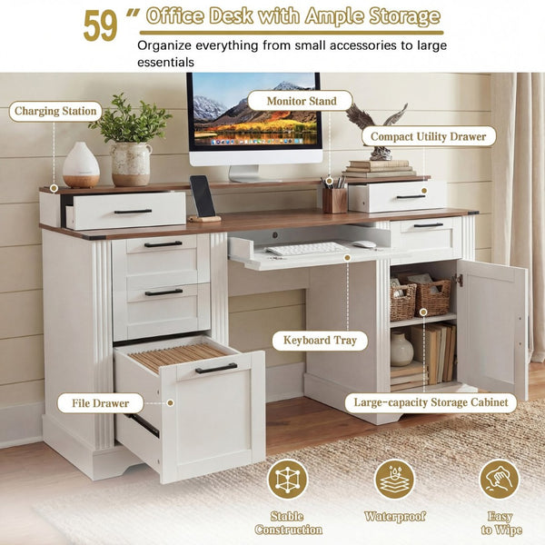 English Elm 59" Fluted Oak L-shaped Corner Desk with Charging Station Monitor Stand and File Storage White W2917S00006