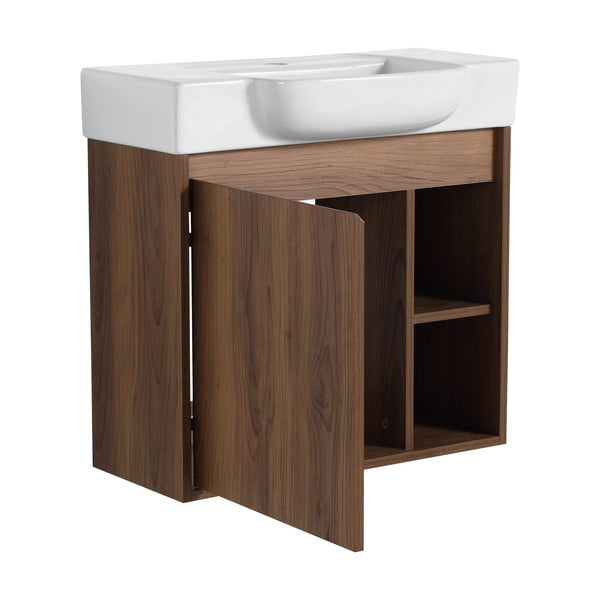 English Elm 24'' Wall-Mounted Bathroom Vanity with White Ceramic Sink, Soft-Close Door, Open Shelves, Moisture-Resistant Finish W999P263406