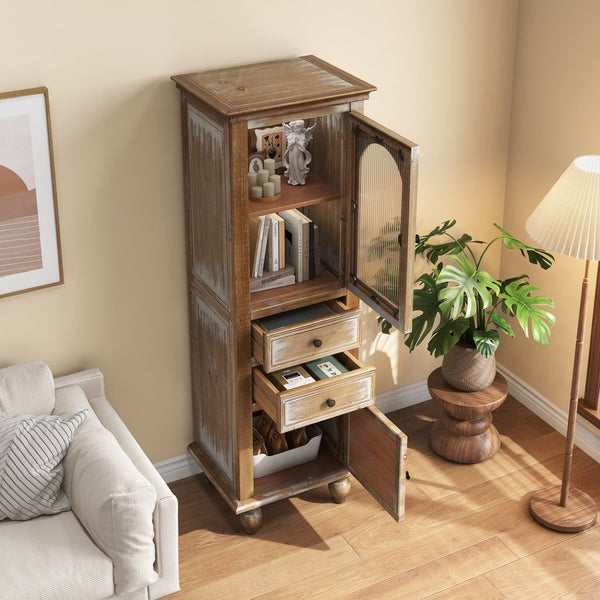 English Elm Farmhouse Freestanding Linen Cabinet Reeded Glass Arched Door Distressed Wood Storage Ancient White W2295P462956