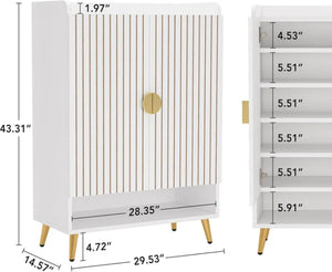 English Elm Rustic Seven Tier Shoe Cabinet with Swing Doors Adjustable Entryway Organizer Gold,White T3971P448652