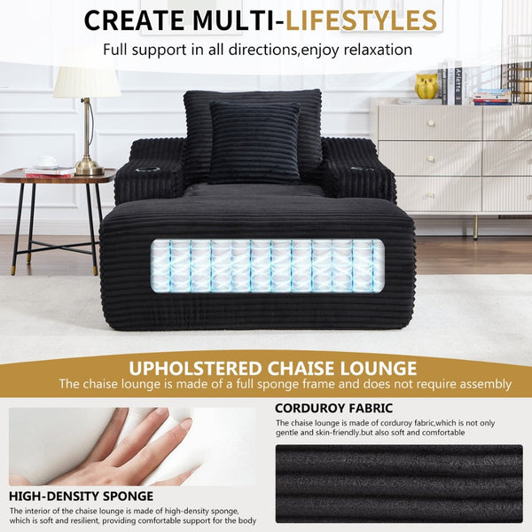 English Elm 67" Corduroy Oversized Chaise Sleeper Sofa Deep Seat Boneless Lounge with Cup Holder Pillows Black W1803P409253