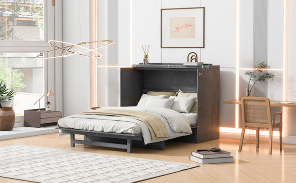 English Elm Full Size Murphy Bed Rattan Cabinet with Storage Drawers and Gold Hardware N708S00005AAE