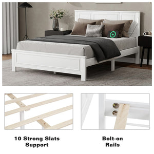 English Elm Queen Pinewood Platform Bed Farmhouse Tall Panel Headboard with Led Lighting and Usb Ports White W504P391091