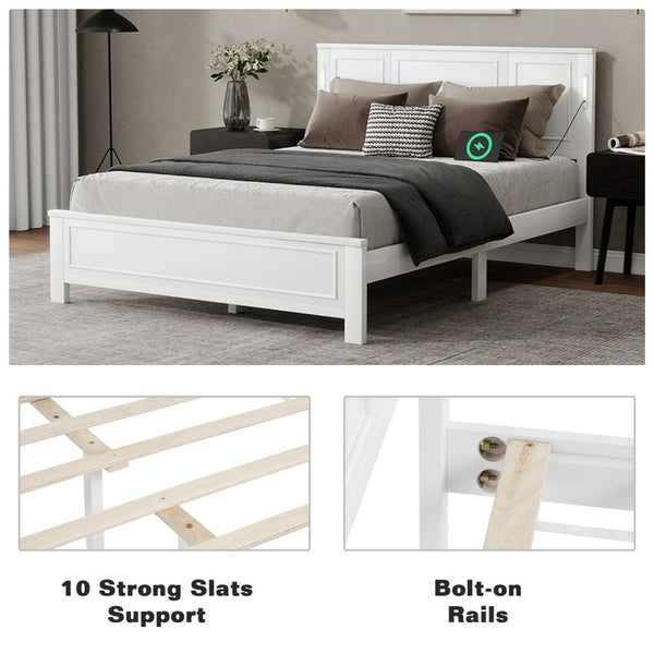 English Elm Queen Pinewood Platform Bed Farmhouse Tall Panel Headboard with Led Lighting and Usb Ports White W504P391091