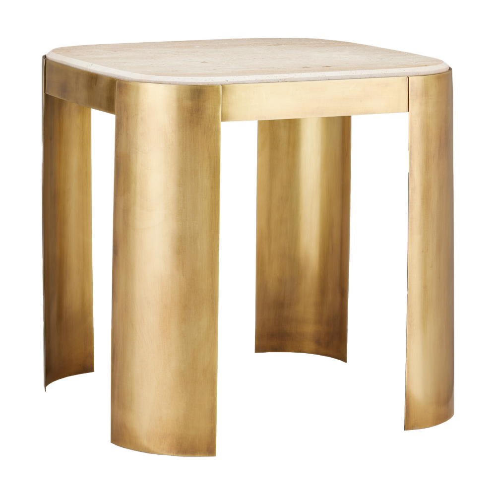 Sev Travertine Accent Table – Modern Gold-Finished Design with Natural Stone Top for Chic Interiors