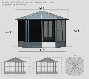 English Elm 12 Ft Octagonal Solarium Hardtop Aluminum Frame Backyard Screen House Sliding Door W1859P207088