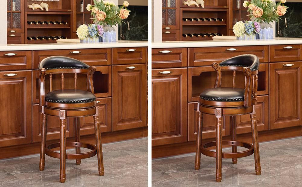 English Elm Seat 26" Cow Top Leather Swivel Bar Stool With Back - Rustic Wooden Chair For Kitchen & Dining W2195P331496-GIGA