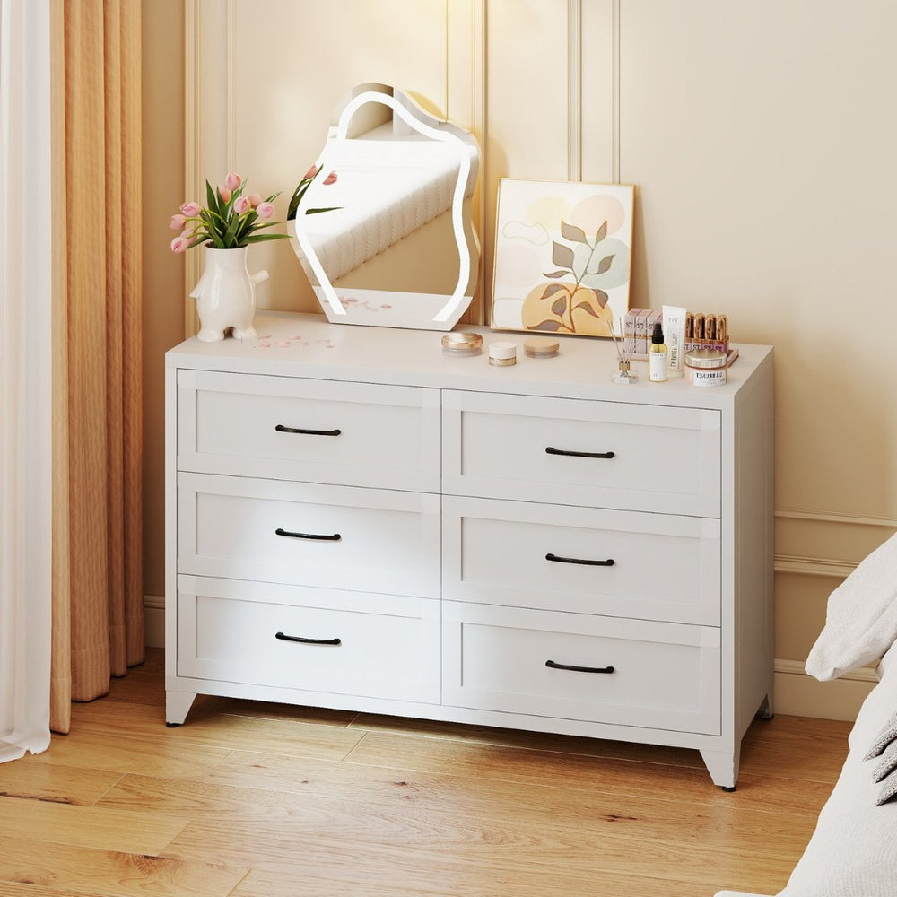 English Elm 6 Drawer White Steel Dresser Low Profile Powder Coated Frame for Bedroom or Hallway T2398P465981
