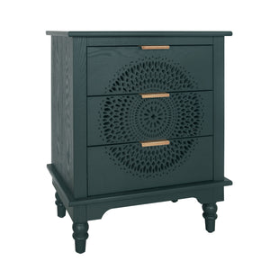 English Elm Hollow-Carved 3-Drawer Dresser Chest with Metal Handles, Pine Feet, Smooth Metal Slides, 27.76"Lx17.92"Wx12.41"H W688P145776