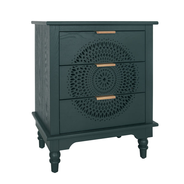 English Elm Hollow-Carved 3-Drawer Dresser Chest with Metal Handles, Pine Feet, Smooth Metal Slides, 27.76"Lx17.92"Wx12.41"H W688P145776