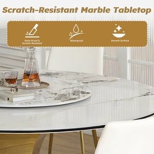 English Elm 59" Round Sintered Stone Table Set Seats Eight with Gold Hourglass Base Lazy Susan W2700S00130