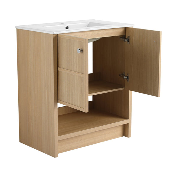 English Elm 30" Freestanding Bathroom Vanity with Ceramic Sink, Oak Plywood Finish, Soft-Closing Doors, Open Shelf W1972S00024