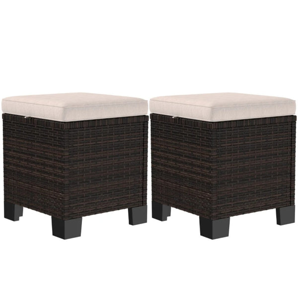 English Elm Outdoor Wicker Ottoman Set of 2 Hand Woven Pe Cube Stools for Patio or Poolside Brown,Cream White T3971P443575
