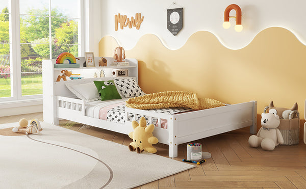 English Elm Full Pine Wood Bed with Bookcase Headboard and LED Motion Sensor Light, Guardrails & Storage Space White W504P277600