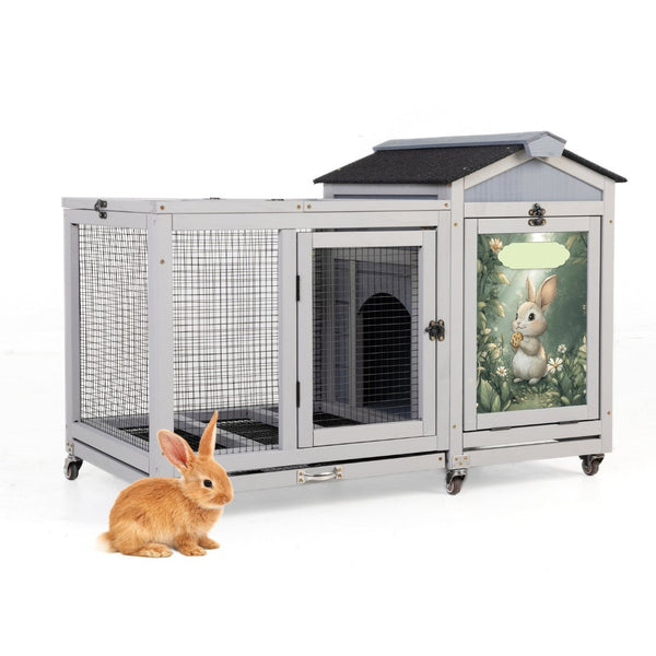 English Elm Wooden Pine Rabbit Hutch Dual Compartment Pet House with Casters Weatherproof Roof W2181P356189