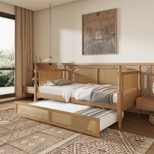 Traditional Woven Rattan Full Daybed with Pull Out Trundle Antique Walnut Pine Frame
