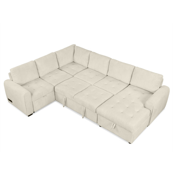 English Elm 107.5" U-shaped Sofa Sectional with Storage Chaise, Pull-Out Bed, USB Charging, Corduroy Comfort Beige N719S001570A