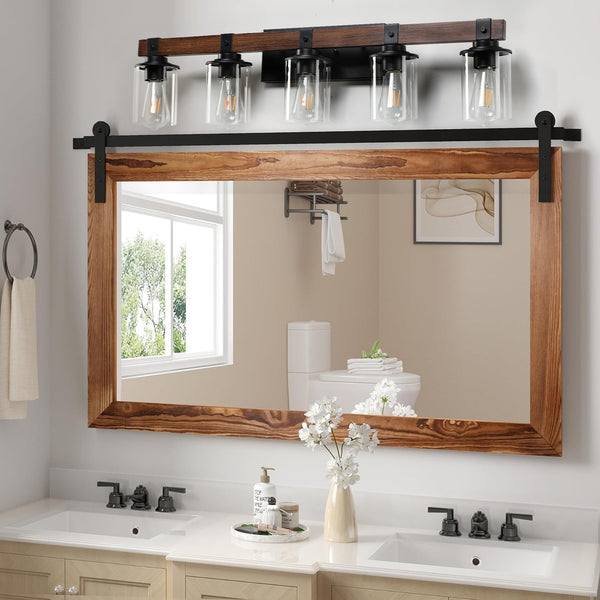 English Elm 35" Rustic 5-Light Vanity Light with Clear Glass Shades and Real Wood Accent, Industrial Farmhouse Fixture W2312P374784