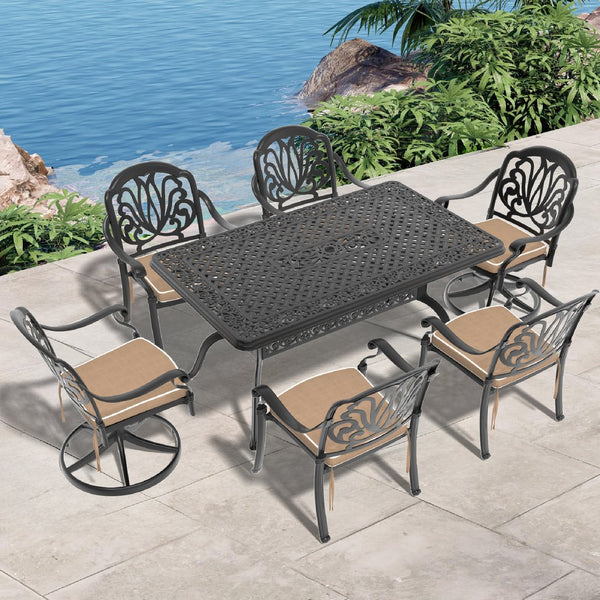 English Elm 7-Piece All-Weather Cast Aluminum Dining Set With Swivel Chairs, Cushions, And Rectangular Table W1710S00368
