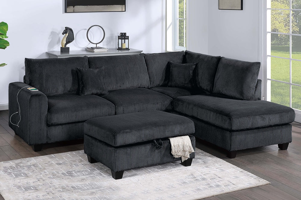 English Elm Modern Corduroy 3 Piece Sectional with Usb Charging Port and Storage Ottoman B011S02185