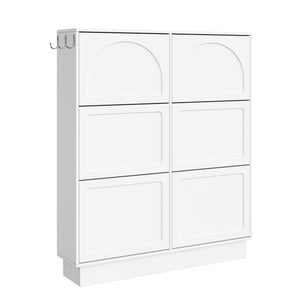 English Elm Modern Narrow Tipping Shoe Cabinet with 6 Flip Drawers, Slim 9.45" Space-Saving Cream Organizer with Hooks and Adjustable Shelves for Entryway (Fits 12–24 Pairs) White N721P288699K