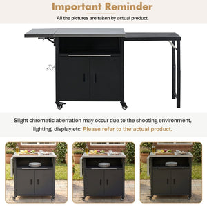 English Elm Outdoor Bbq Prep Cart Rolling Stainless Steel Grill Station with Foldable Work Surface Black N719P407404B