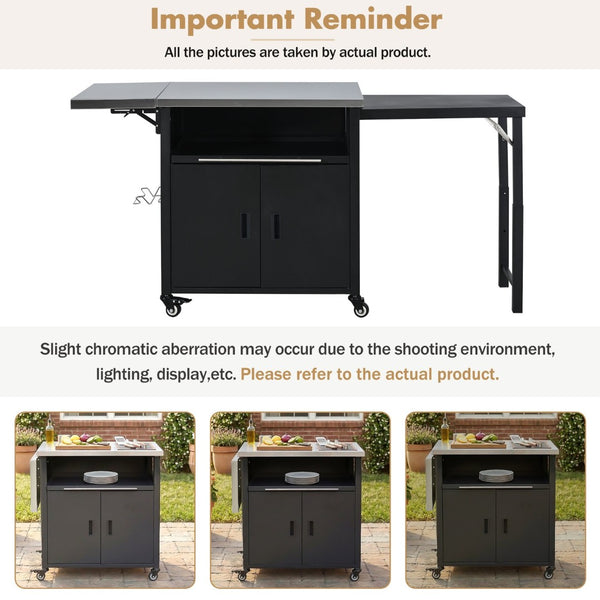 English Elm Outdoor Bbq Prep Cart Rolling Stainless Steel Grill Station with Foldable Work Surface Black N719P407404B