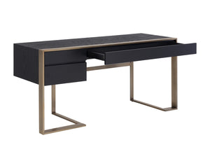 Sunpan Dalton Modern Desk in Black Oak Veneer with Antique Brass Frame - Stylish Storage Solution for All Spaces